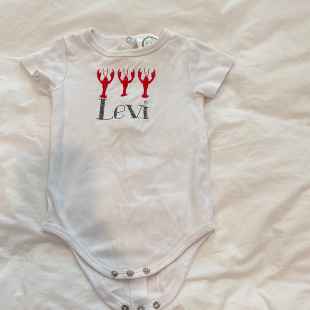 Monogrammed crawfish/lobster onesie with monogrammed name “Levi”